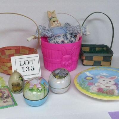 Lot of Fun Easter Stuff, Nice Blow Mold Candy Basket, 2 Vintage Japan Baskets, Vintage Wax Egg, 2 Modern Tin Eggs, Bunny Doll, More