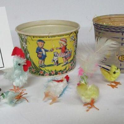 Vintage Easter Lot, 2 Old Wax Buckets, Older and Newer Chenille Chick and Roosters