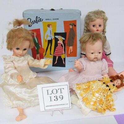 Doll Lot: Barbie Case, Ms Revlon Style Bride Doll, Lg Doll With Braids, Baby Doll and Tiny Doll