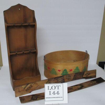 Wood Lot: Painted Basket, Spoon Holder, 2 Decorative Trim Pieces