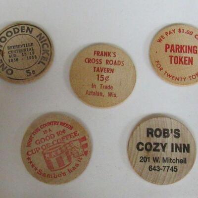 5 Misc Wooden Nickels