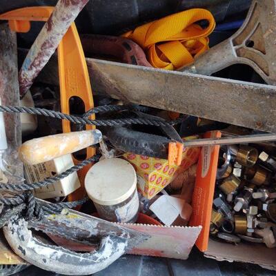 LOT 52 - Grouting tools, mixing tool, trowels, clamp, paper hanger, scraper, ratchet strap, etc. as shown