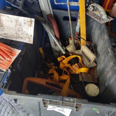 LOT 52 - Grouting tools, mixing tool, trowels, clamp, paper hanger, scraper, ratchet strap, etc. as shown