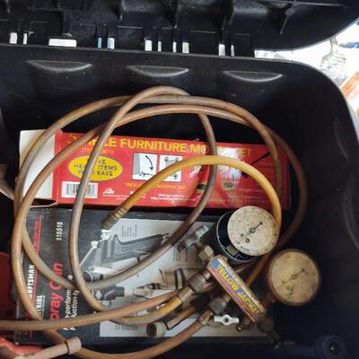 lot 58 - Bumper clamp, Craftsman spray gun, furniture mover set, Yellowjacket manifold gauge set, tool bag/contents
