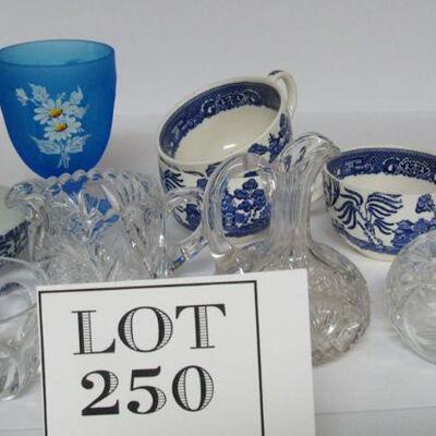 Misc Stuff, Blue Willow Cups, Phoenix Bird Cup, Westmoreland Vase, 2 Cruets, No Stoppers, more