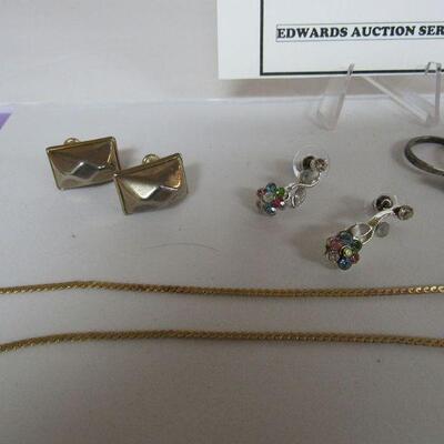 Gold Tone Necklace & Earrings, 2 Avon Sterling Rings, Mod Rhinestone Earrings, Playboy Bunny Charm, Opal Earrings