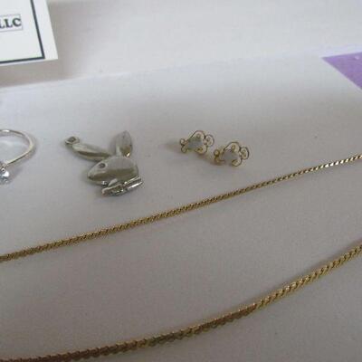 Gold Tone Necklace & Earrings, 2 Avon Sterling Rings, Mod Rhinestone Earrings, Playboy Bunny Charm, Opal Earrings