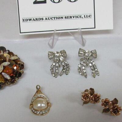 Interesting Large Rhinestone and Stone Pin, Rhinestone Bow Earrings, Gold Filled Rose Earrings Pairs, Faux Pearl Slide