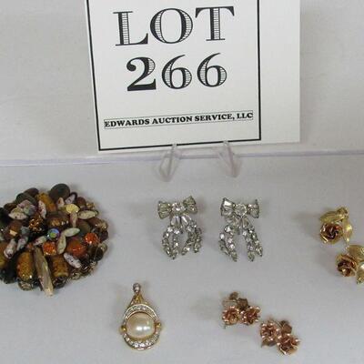 Interesting Large Rhinestone and Stone Pin, Rhinestone Bow Earrings, Gold Filled Rose Earrings Pairs, Faux Pearl Slide