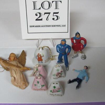 Vintage Christmas Japan Cermaic Bells, Lead Skaters, Hong Kong Plastic Angel