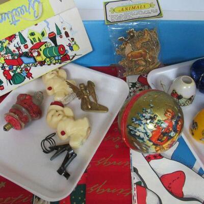 Lot of Misc Christmas Vintage Wrapping Paper, Ball Candy Container, Light Covers, Candy Box and More 