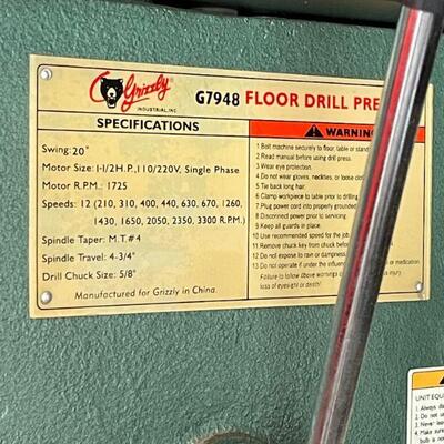 Grizzly floor drill press G7948 20" swing