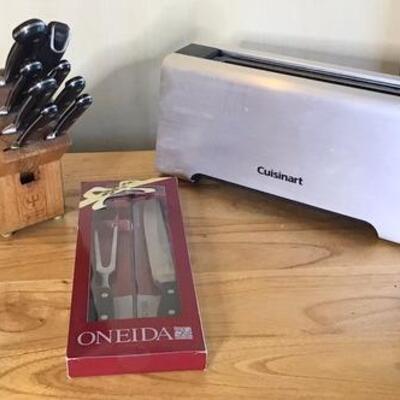 K122 - Oneida Carving Set, Cuisinart Toaster, Knife Block w/ Henckels Knives