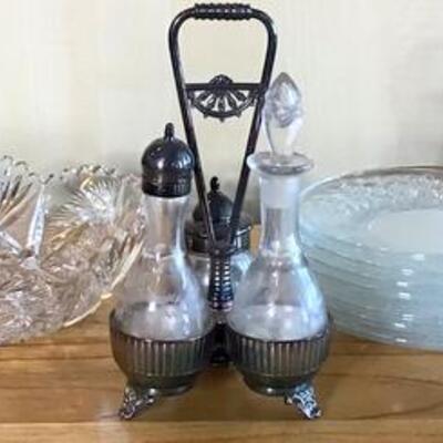 K131 - Silver Plate Cruet Set, Cut glass Bowl & 7 Salad Plates