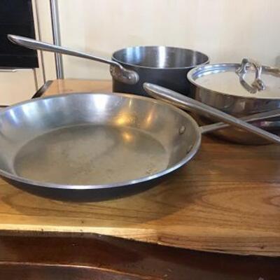 K143 - 10 Pc Lot - All Clad Pots & Pans + Revere Saucer Pot 
