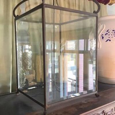 K177 - Wrought Iron Hanging Candle Lamp w/ Beveled Glass Panels