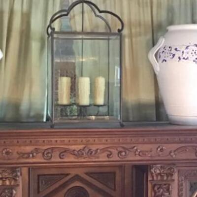 K177 - Wrought Iron Hanging Candle Lamp w/ Beveled Glass Panels
