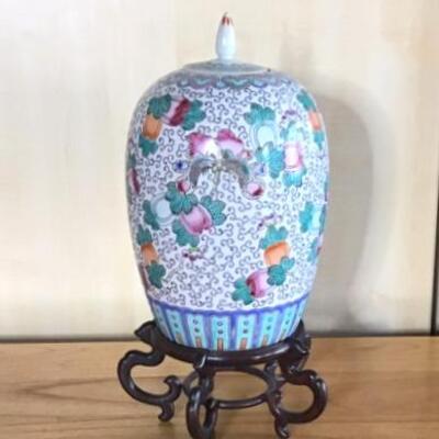 E102 - Lg. Oriental Porcelain Ginger Jar w/ Wooden Stand   #2