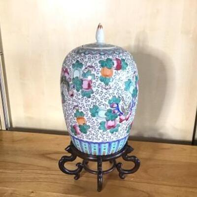 E102 - Lg. Oriental Porcelain Ginger Jar w/ Wooden Stand   #2
