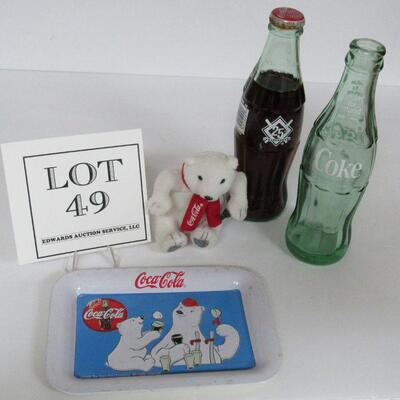 Vintage Coca Cola Lot 1 Sealed Bottle 25th Anniversary, 1Open Bottle, 1 Tip Tray, 1 Tiny Bear
