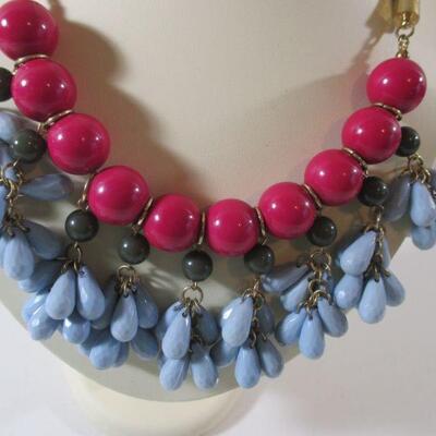Vintage Enamel Bib Choker necklace Teardrop Dangles Blue and Red / Statement