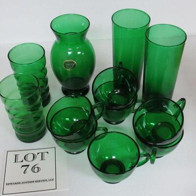 Lot of Vintage Anchor Hocking Forest Green Glassware Vase 4 Different Tumblers 7 Punch Cups