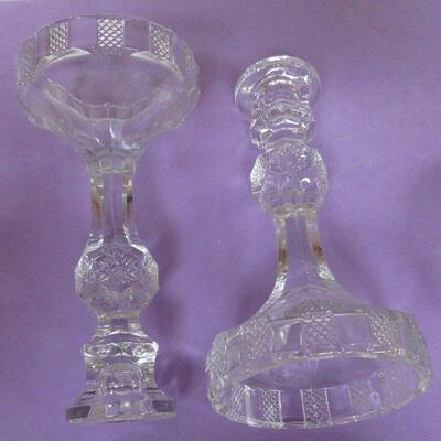 Pressed Glass Candlestick Pair, Pressed Glass Ruffled Bowl, Pair Princess House Lead Glass Candle Holders