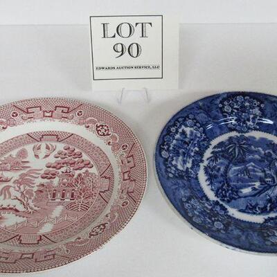 2 Antique Maastricht Holland Plates, Pink Willow, Blue & White Scenic