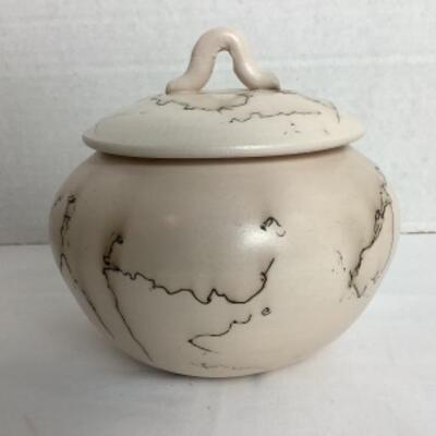 K - 115  Artisan Signed Horsehair Raku Pottery Jar with Lid