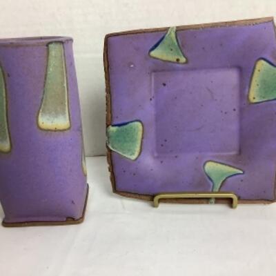 K - 118  Artisan Signed / Crafted Abstract Vase & Plate
