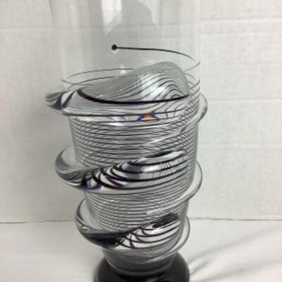 K - 126  Created by Chip Scarborough, Beautiful Clear Glass Vase with Black Swirled Throughout 