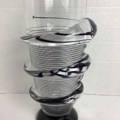 K - 126  Created by Chip Scarborough, Beautiful Clear Glass Vase with Black Swirled Throughout 