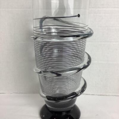 K - 126  Created by Chip Scarborough, Beautiful Clear Glass Vase with Black Swirled Throughout 