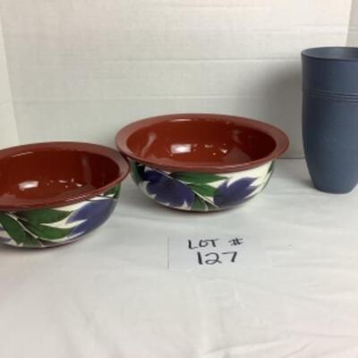 K - 127  Two Matching Pottery Bowls, One Blue Pottery Vase 