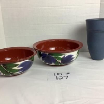 K - 127  Two Matching Pottery Bowls, One Blue Pottery Vase 