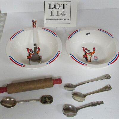 Vintage Child's Lot, 2 Tony Tiger Bowls, 1 Tony Tiger Spoon, 2 Gerber Spoons, 1 Peter Rabbit Spoon, More