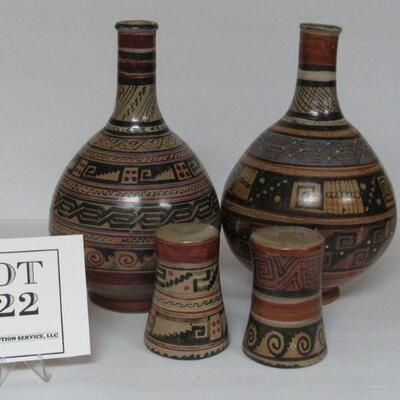 Unusual Wine or Water Bottles With Matching Tumblers, One Signed Timoteo Solis (El Salvadore)