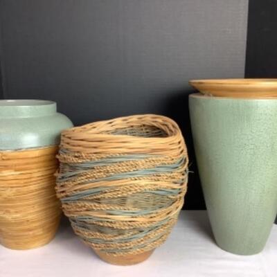 K -141  One Artisan Signed Woven Basket & Two Bamboo Vases