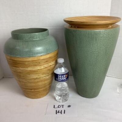 K -141  One Artisan Signed Woven Basket & Two Bamboo Vases