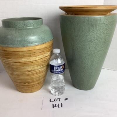 K -141  One Artisan Signed Woven Basket & Two Bamboo Vases