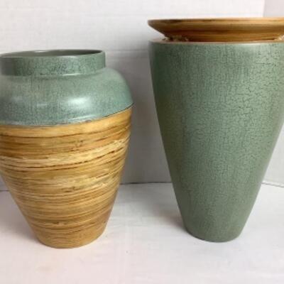 K -141  One Artisan Signed Woven Basket & Two Bamboo Vases