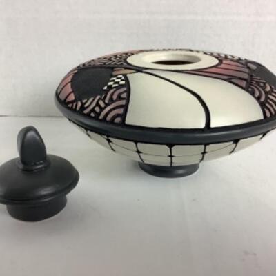 N - 146 Artisan Signed Raku Pottery Jar with Lid