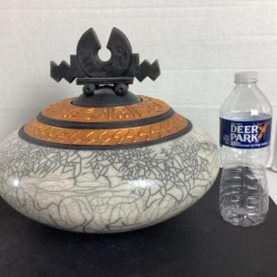 N - 151 Artisan Signed Raku Horsehair Glazed Pottery Vessel 