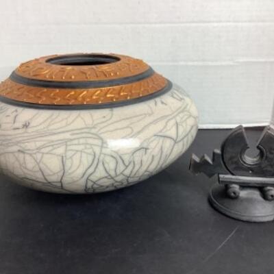 N - 151 Artisan Signed Raku Horsehair Glazed Pottery Vessel 