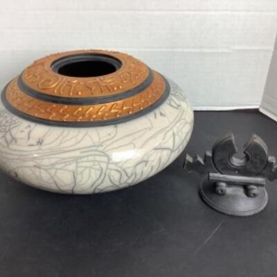 N - 151 Artisan Signed Raku Horsehair Glazed Pottery Vessel 