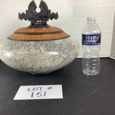 N - 151 Artisan Signed Raku Horsehair Glazed Pottery Vessel 