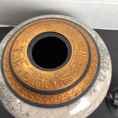 N - 151 Artisan Signed Raku Horsehair Glazed Pottery Vessel 