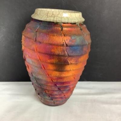 N - 155  Metallic Painted Raku Pottery Vase by Bruce Odell