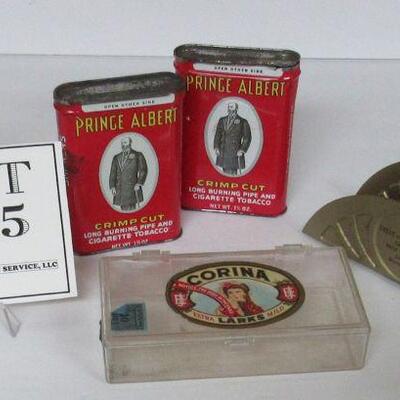 Small Advertising Items: 2 Prince Albert Tins, Corona Pastic Box, Tin Napkin Holder WI Dells Milk Products
