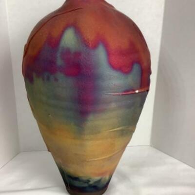 N - 165 Artisan Signed/ Crafted Colorful Raku Pottery Vase 